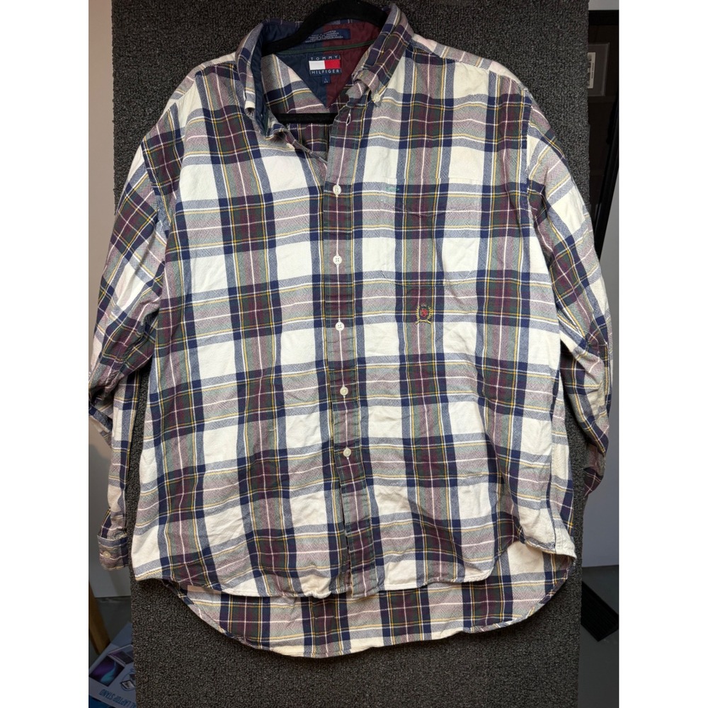 Tommy Hilfiger Plaid Button Down Shirt Mens Large Multicolor Crest Logo 85